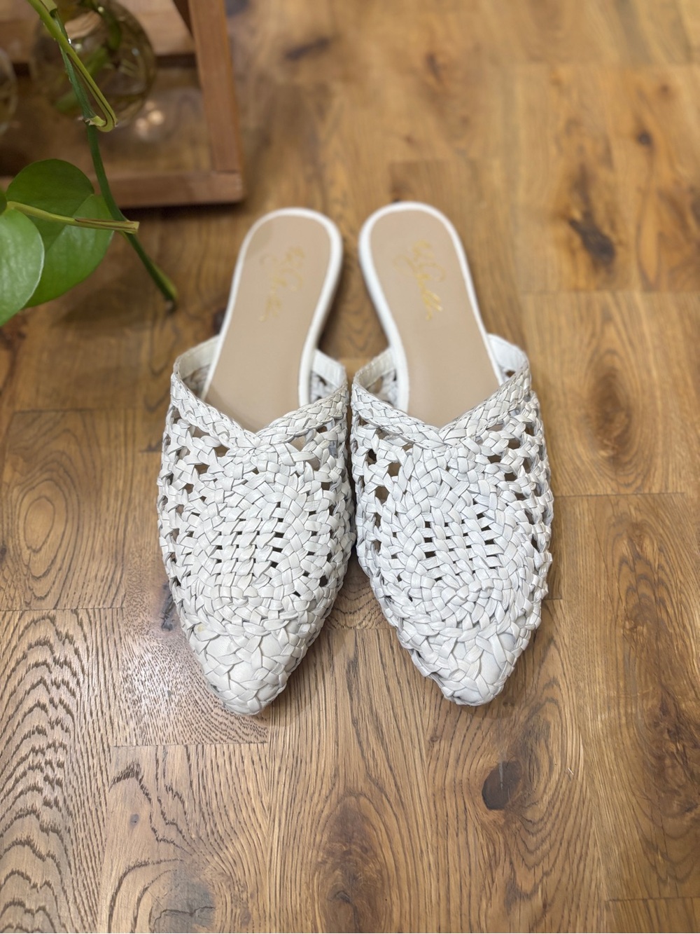 42 Gold Charmed White Woven Leather Pointed-Toe Flat - NWOB